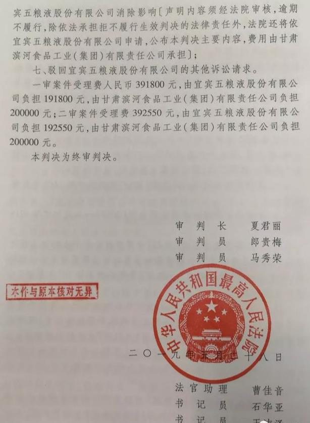 五糧液集團訴濱河集團侵害商標權(quán)案最終五糧液勝訴