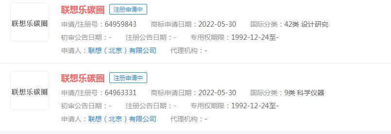 聯(lián)想申請“聯(lián)想樂碳圈”商標，目前狀態(tài)顯示申請中